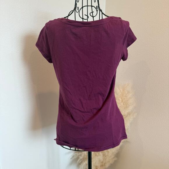 Ann Taylor LOFT Purple Cotton Scoop Neck Rosette Embellished Cotton Tee Size M - Picture 2 of 6